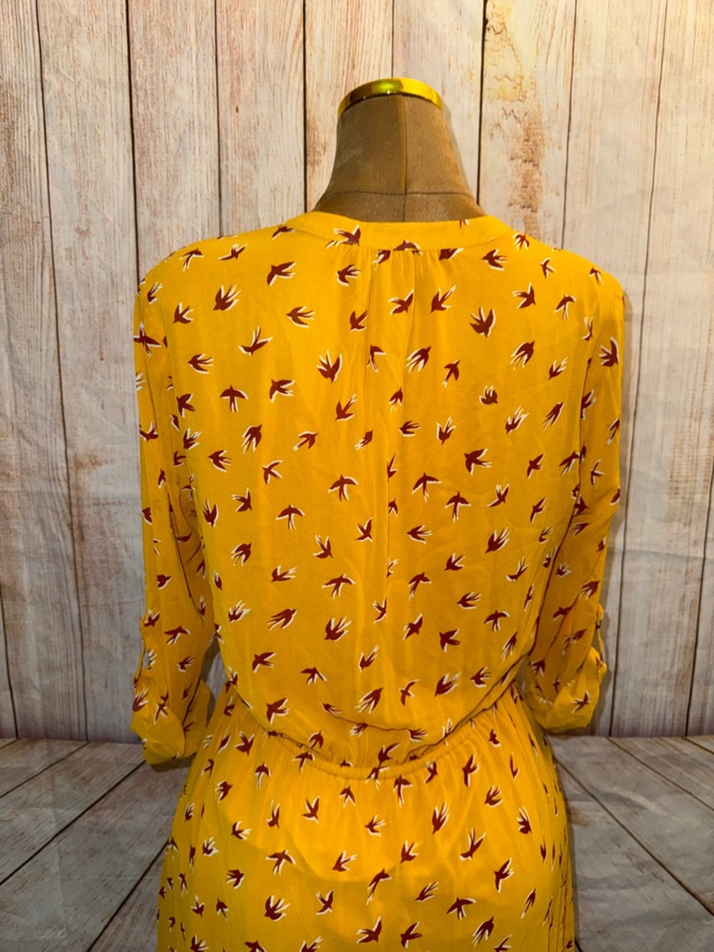 Signature Studio Yellow Sparrow Bird-Print Mini Dress, drawstring waist, Sz L - Picture 6 of 9